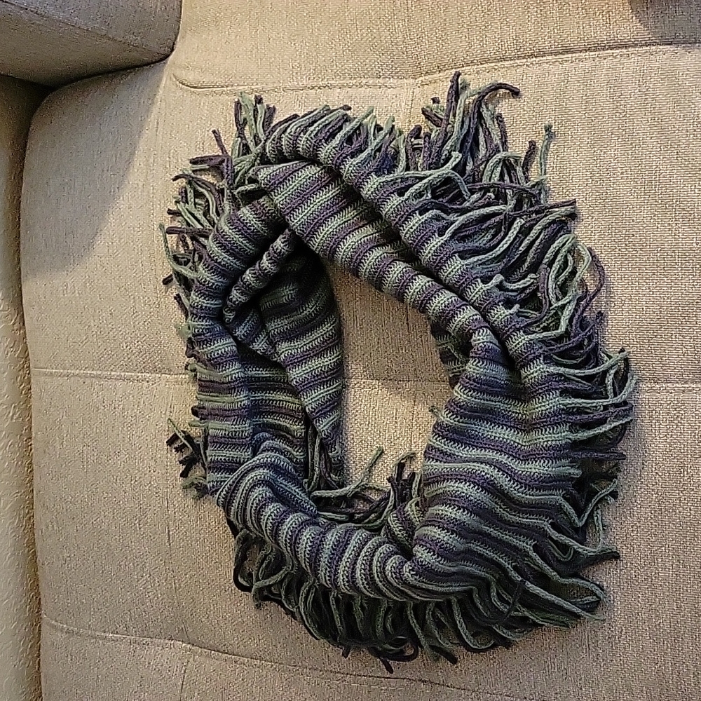 Infinity winter scarf with fringe 78 x 19 purple grayish and muted green